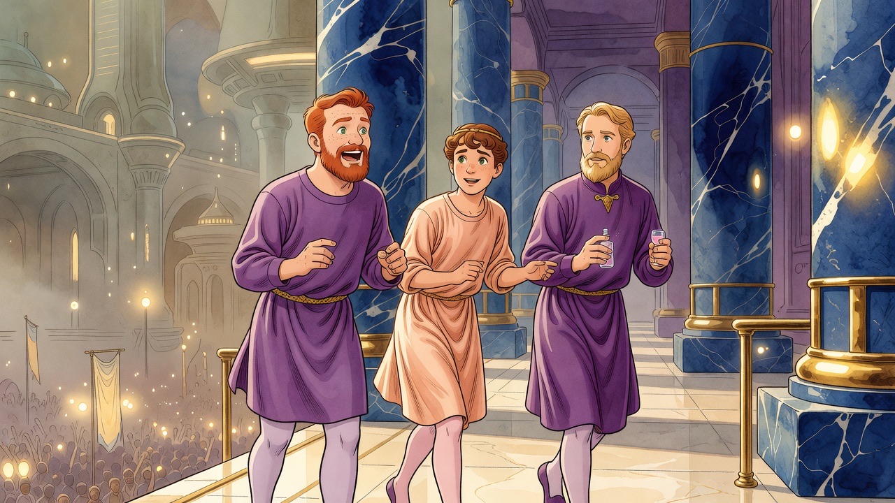 On the balcony, the laughing red-haired man freezes rigid as his two companions turn in consternation.
