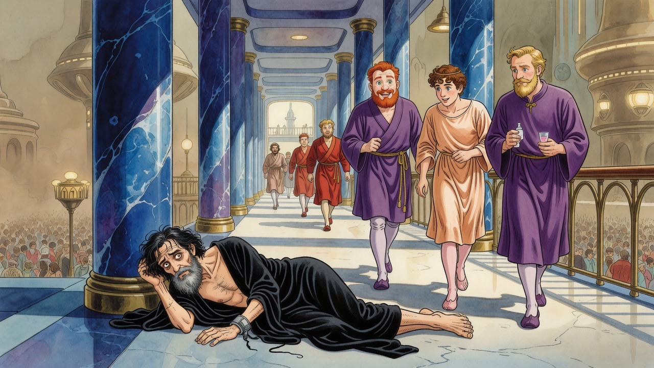Far down the blue passage, the robed man collapses face-down while the three figures stand stricken at the balcony.