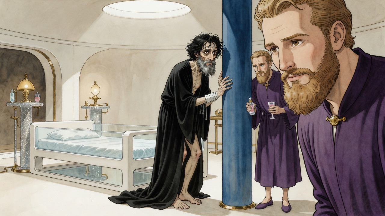 A gaunt bearded man lies back on a translucent couch while a physician in violet bends over him.