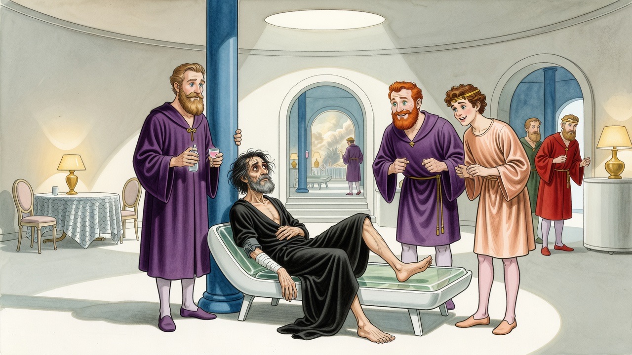 A tiny figure on a couch in a huge white hall, three attendants around him, bright archway beyond.
