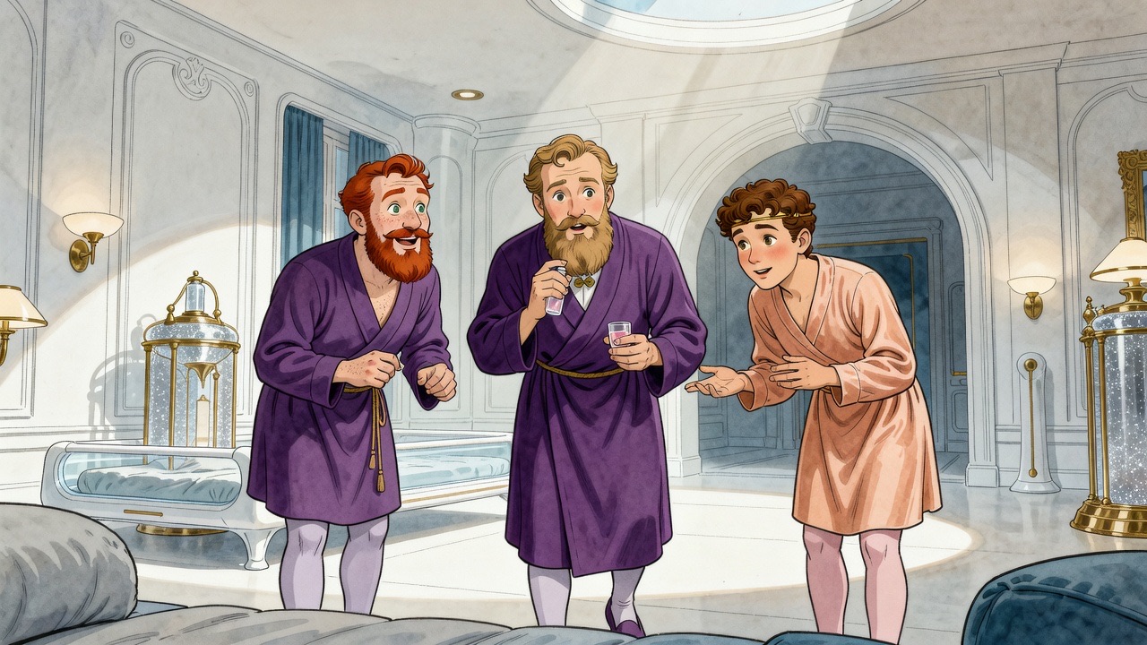 Three richly dressed attendants peer down at the waking man with awe.