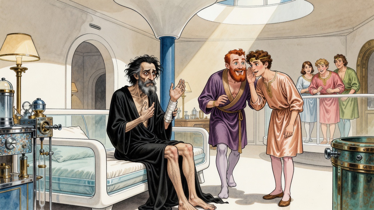 The gaunt man speaks earnestly while the red-bearded attendant whispers aside to the youth.