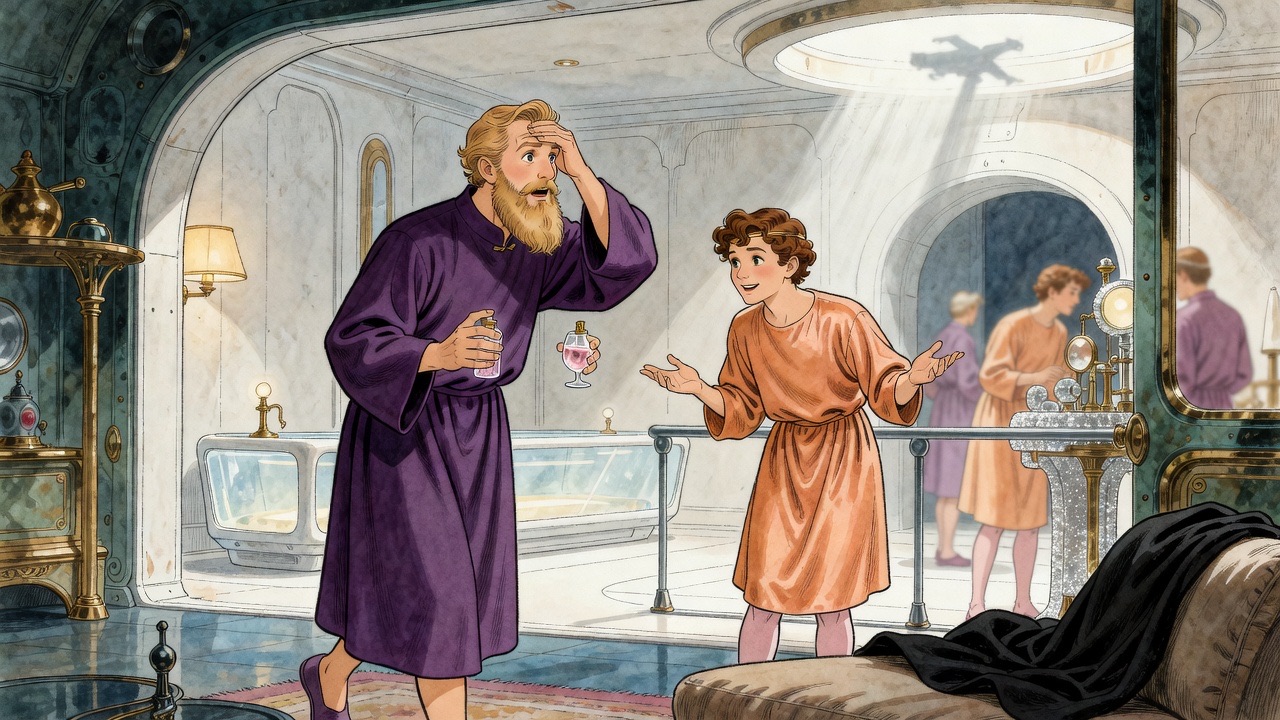 The youth eagerly explains to the physician, who throws up his hands in comprehension.