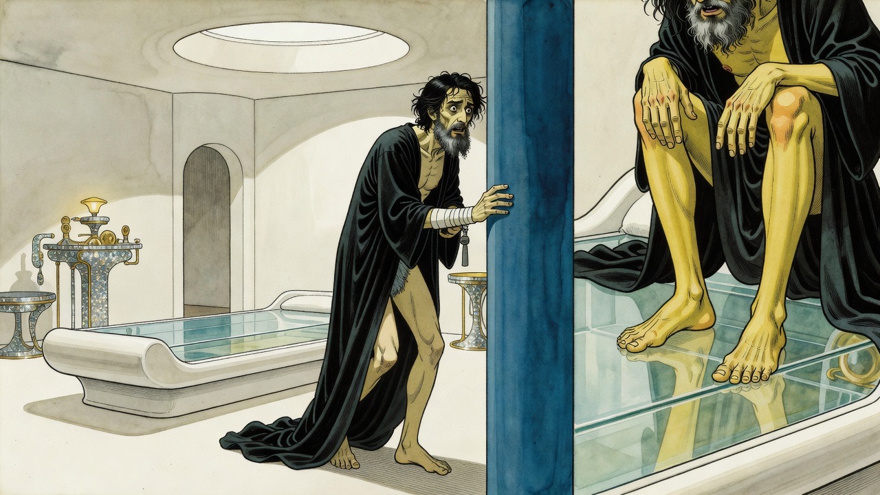 Close on a pair of bare trembling feet on a translucent mattress, the hem of a black robe beside them.