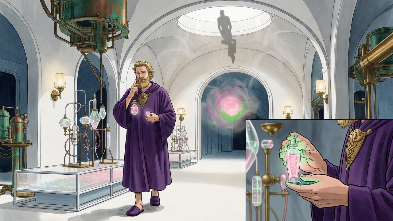 A little glass of pink fluid with a greenish glow is offered on a physician's palm.
