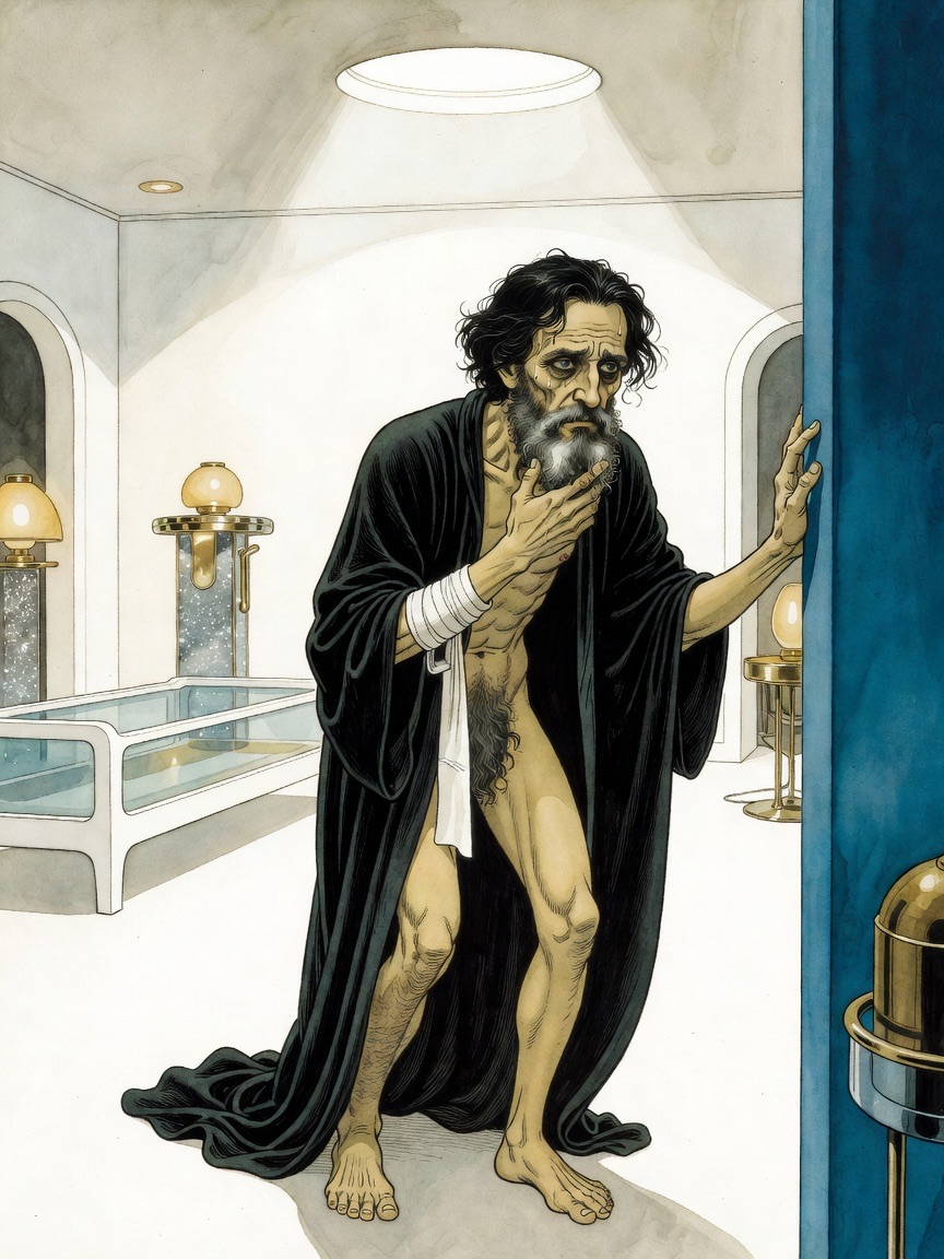 The gaunt man presses his throat and forces out a question in a level voice.