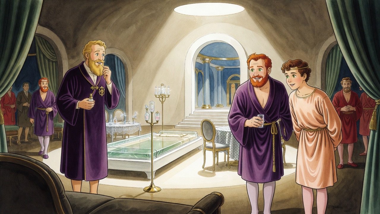 The three attendants confer in a huddle, silhouetted against the bright archway.