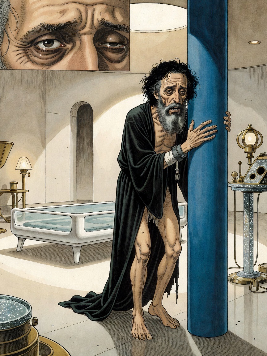 A close-up of the gaunt man's face twitching with suppressed emotion.