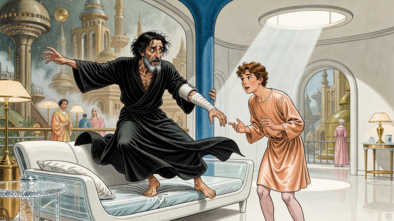 The gaunt man whirls on the startled youth, crying out in disbelief.