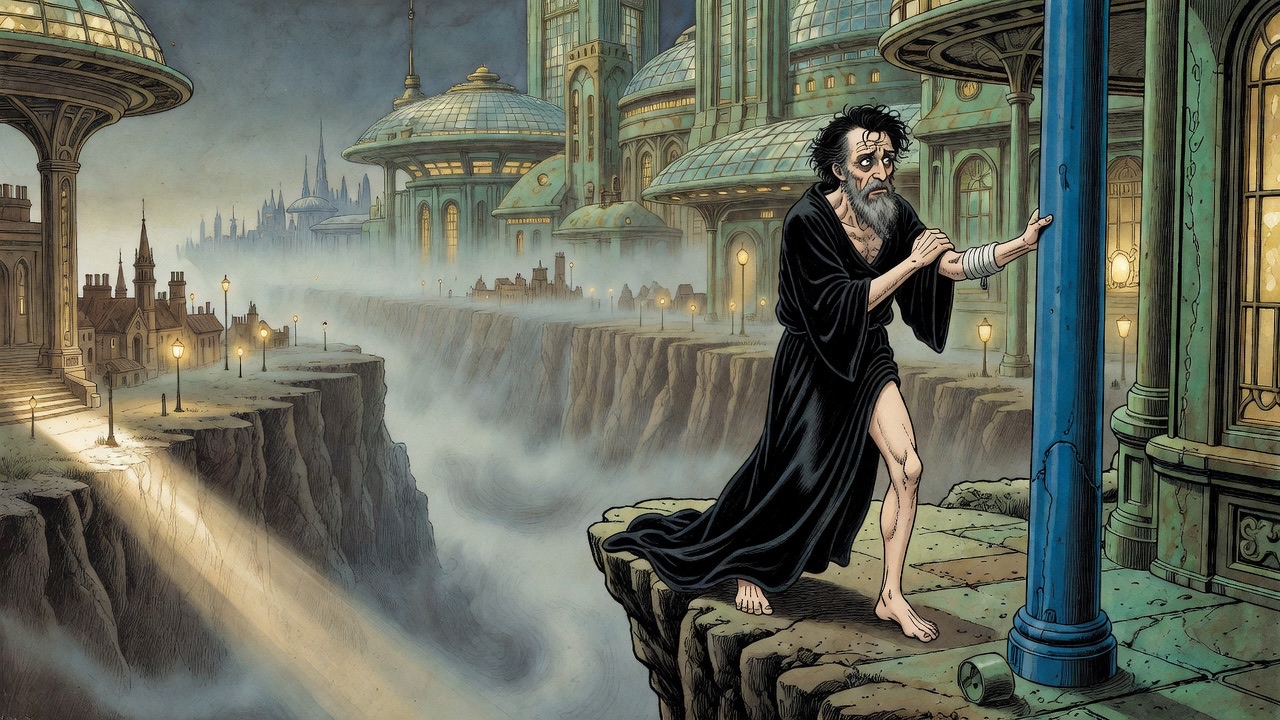 An imagined vision: a tiny robed man at the brink of a vast chasm between a Victorian shore and a towering future city.