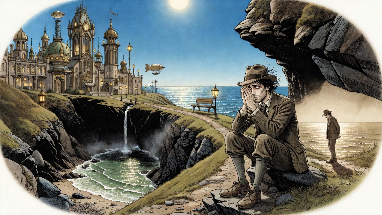 A memory: the tweed-clad insomniac on a sunlit Cornish cliff path, framed as a faded remembrance.