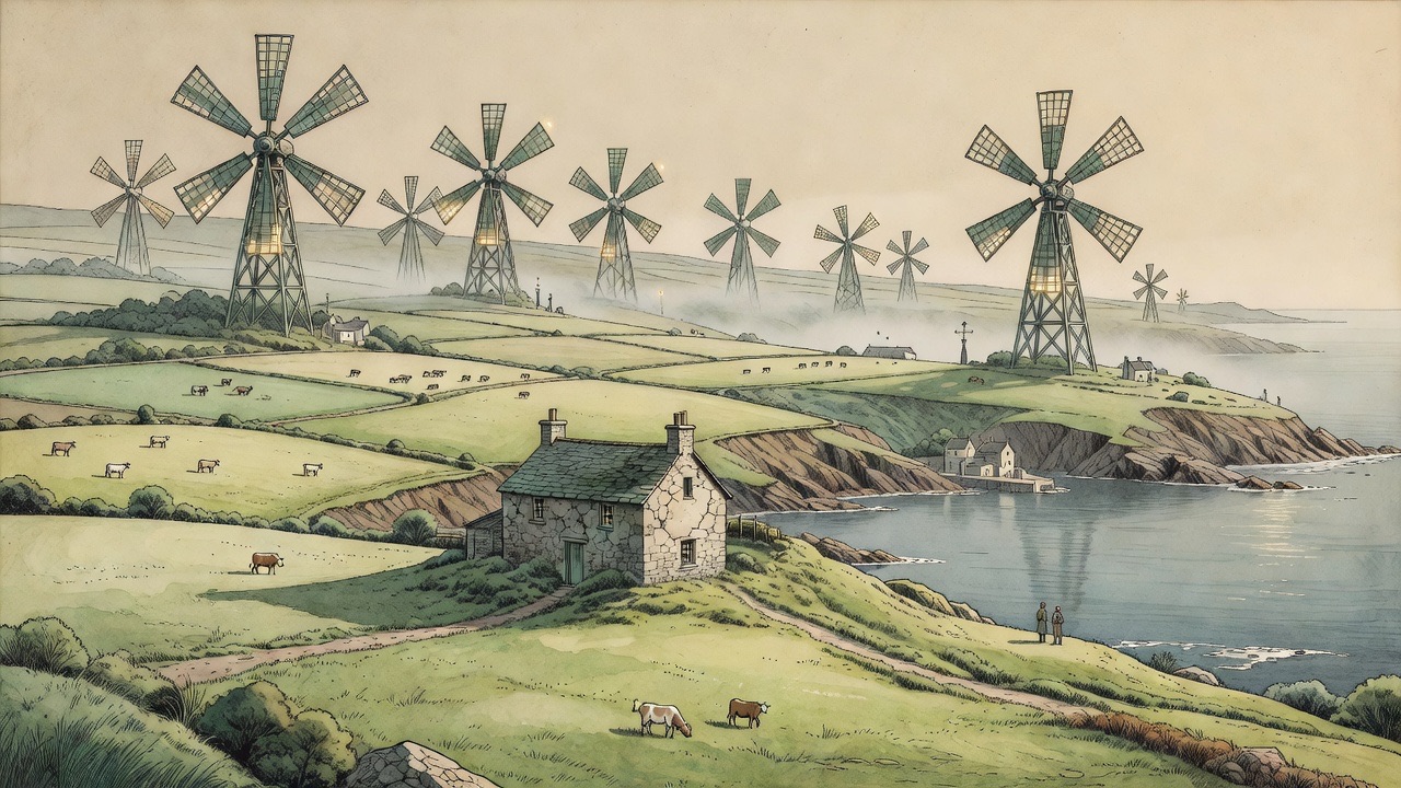 An imagined vision of a lone old stone cottage surviving amid vast future dairy meadows and wind-wheels.