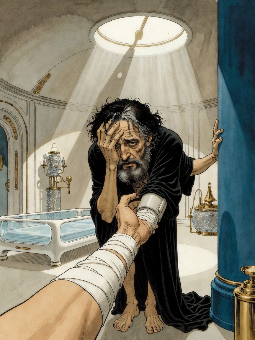 The man presses his brows with both hands and whispers to himself.