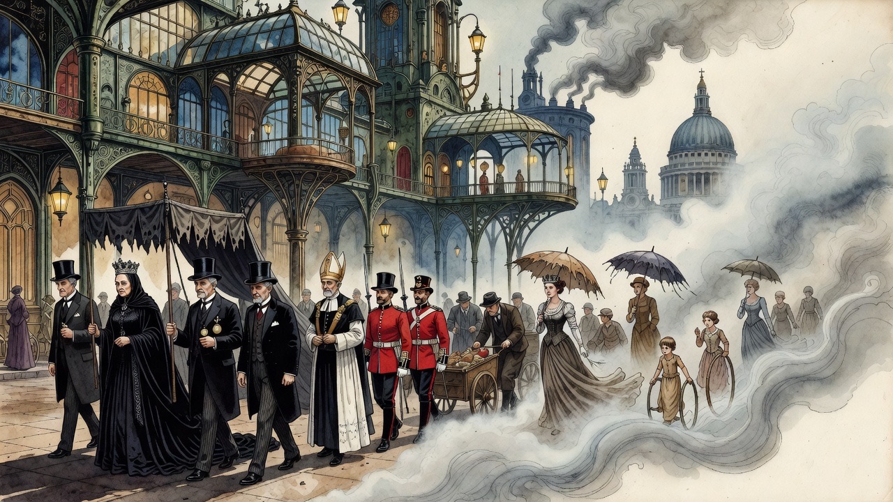 An imagined vision: a ghostly Victorian procession of queen, ministers, clergy and common folk fading into smoke.