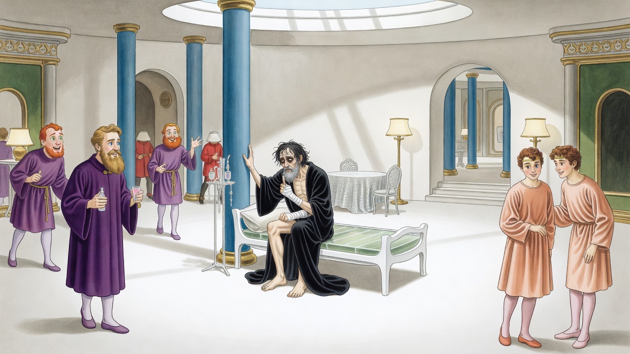 From high above, the robed man sits alone on the couch, tiny in the immense white hall.