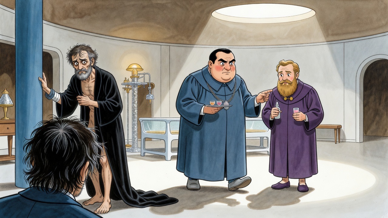 Seen past the robed man's shoulder, a short fat official in slate blue strides in scowling.