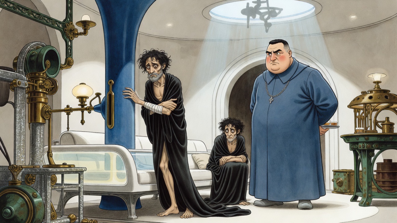 The stout official stands over the seated robed man, eyeing him ambiguously.