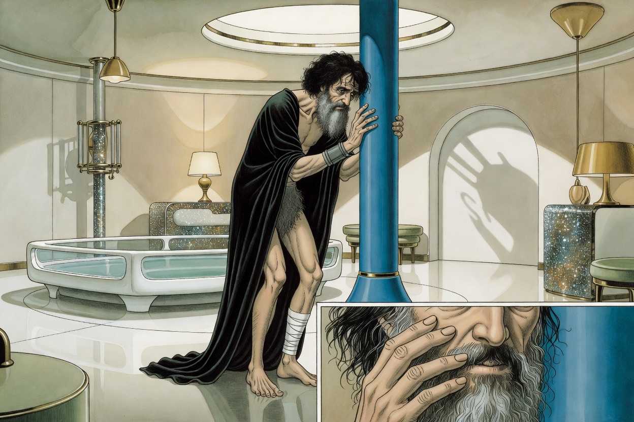 Close on the gaunt man's lean hand rubbing his ragged, grey-shot beard.