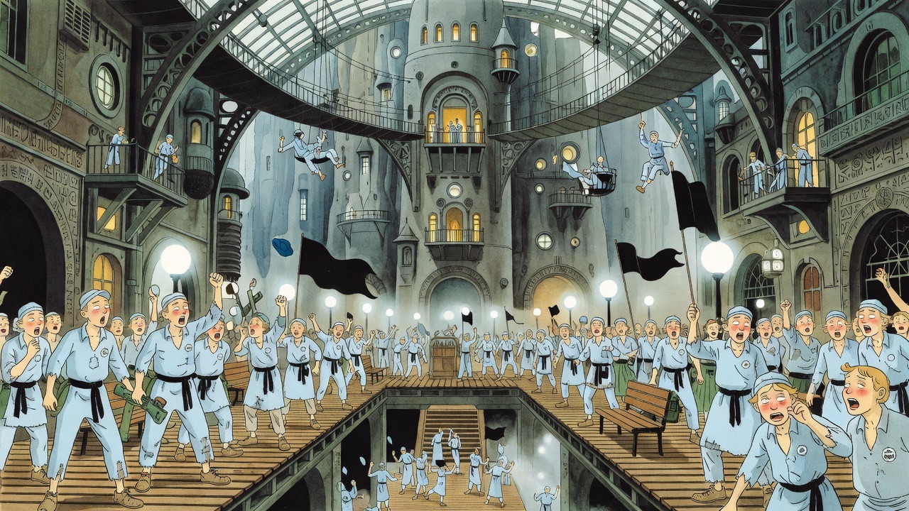 An imagined vision of a vast crowd in pale blue canvas roaring upward in a titanic city canyon.