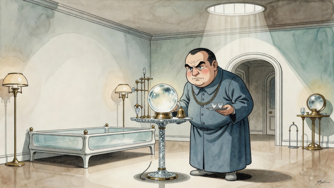 The official listens intently at a cluster of apparatus topped with a crystal ball as a bell rings.