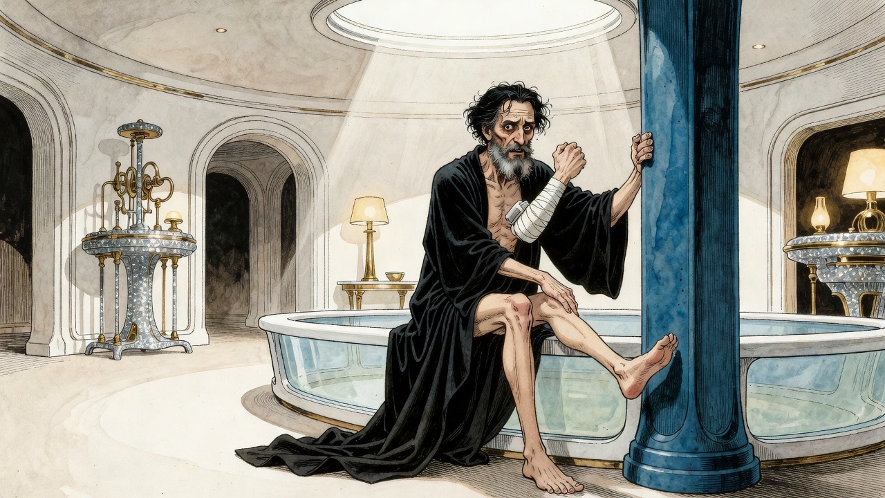 The robed man swings his thin legs over the side of the couch, astonished at his strength.