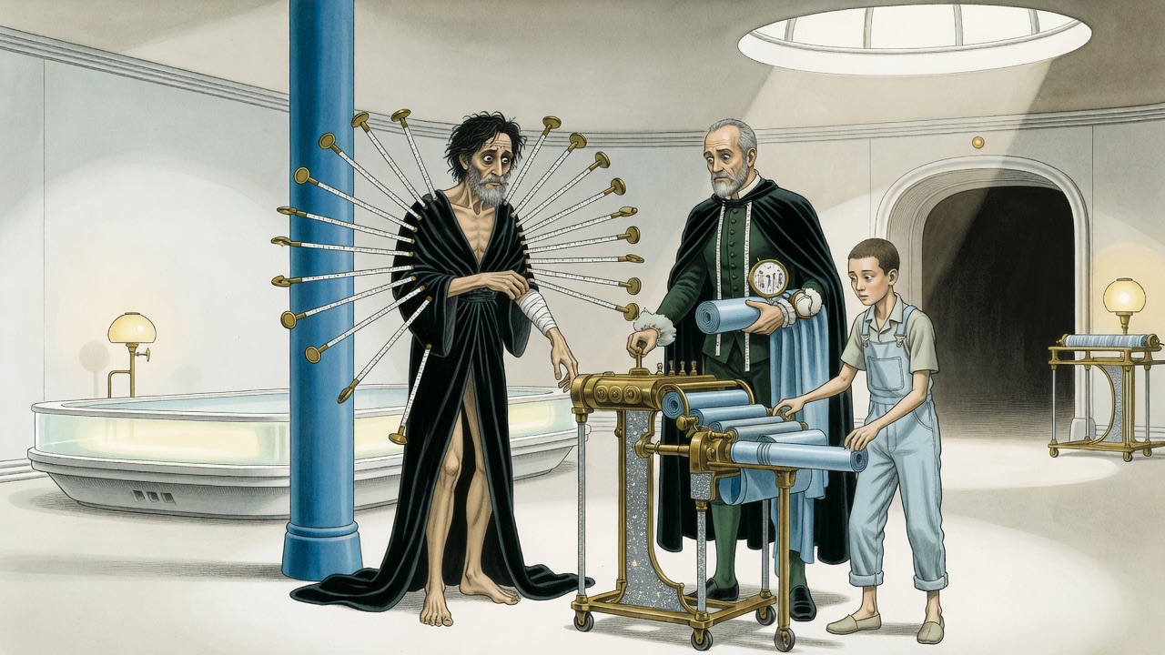 A thin boy in blue canvas works a brass machine whose slotted arms press small discs all over the robed man.