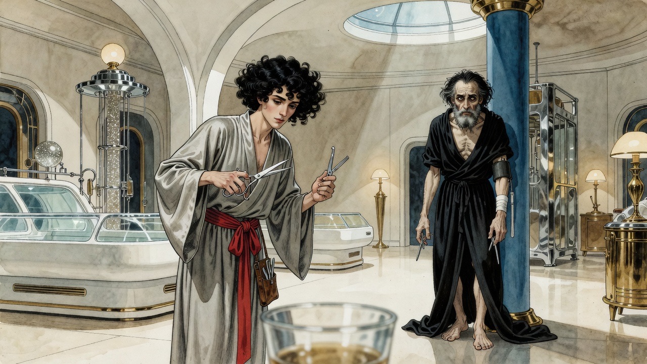 Over the rim of a glass, a pale wild-eyed young man with black curls stares fixedly.