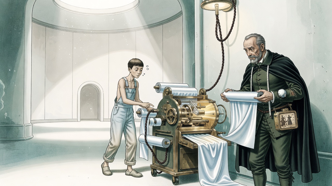 In a corner, the tailor and his boy feed a roll of satin into a humming machine connected to a looping cable.