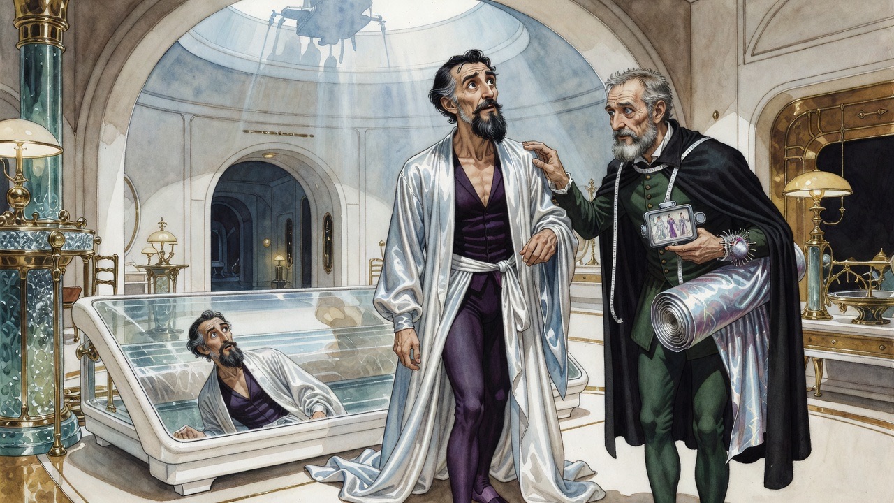 In an upturned mirror, the man sees himself newly dressed in purple and bluish-white satin, still shaggy.