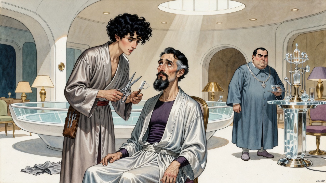 The wild-eyed barber shaves and styles the seated man with rapt, poetic concentration while the official paces.