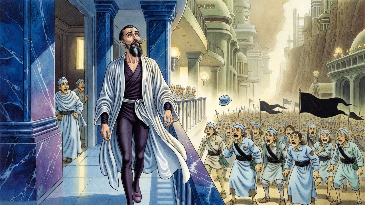 Newly dressed, the man strides out along a blue-pillared passage toward a roaring bright balcony.