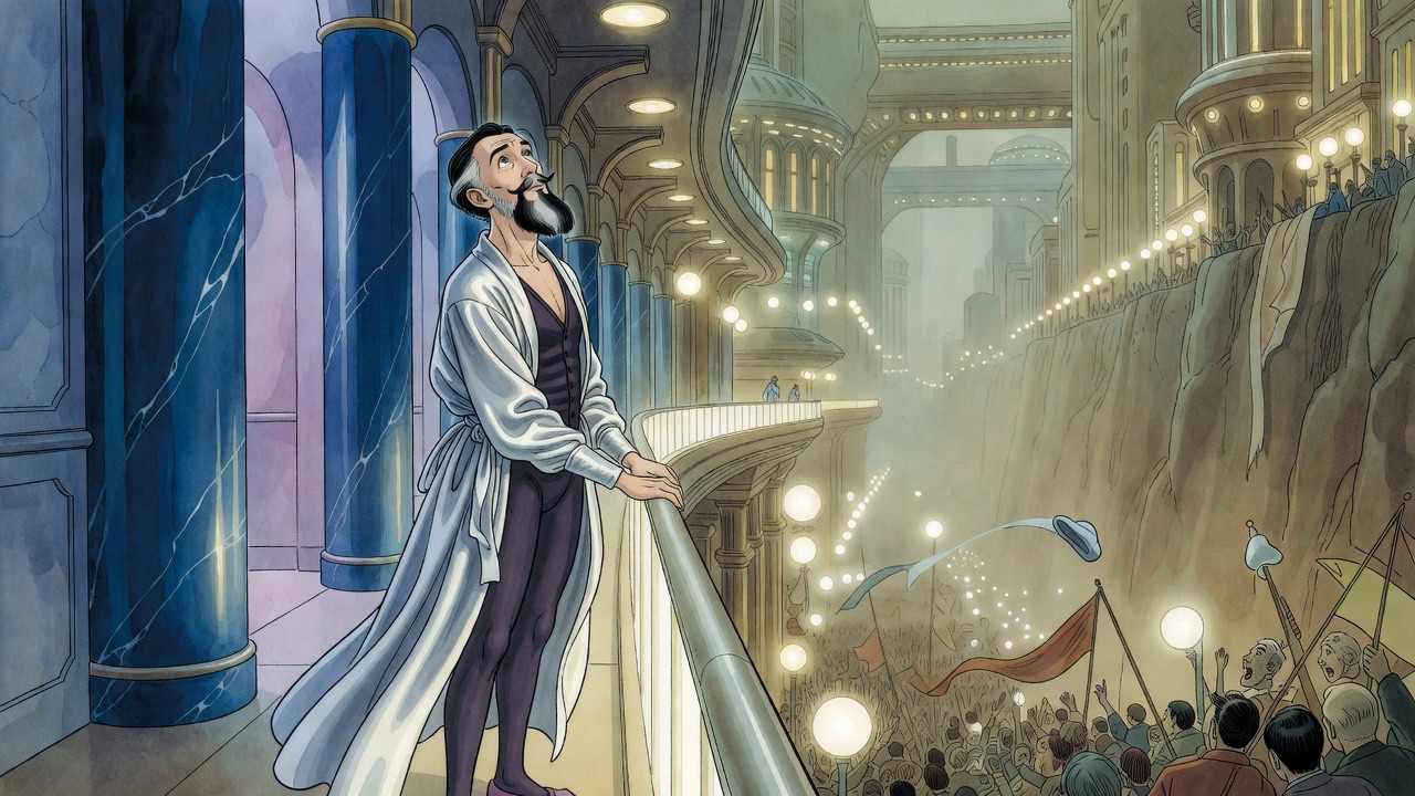 A man in a bluish-white satin robe steps to a balcony railing and stares up into an immense glass-roofed city.