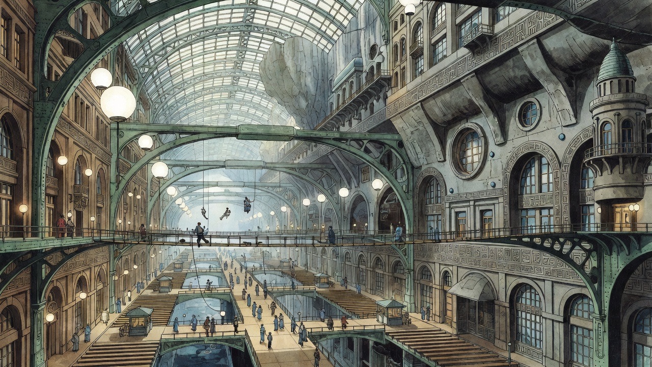 A vast curving canyon of buildings under a girdered translucent roof, lit by huge white globes and webbed with bridges and cables.