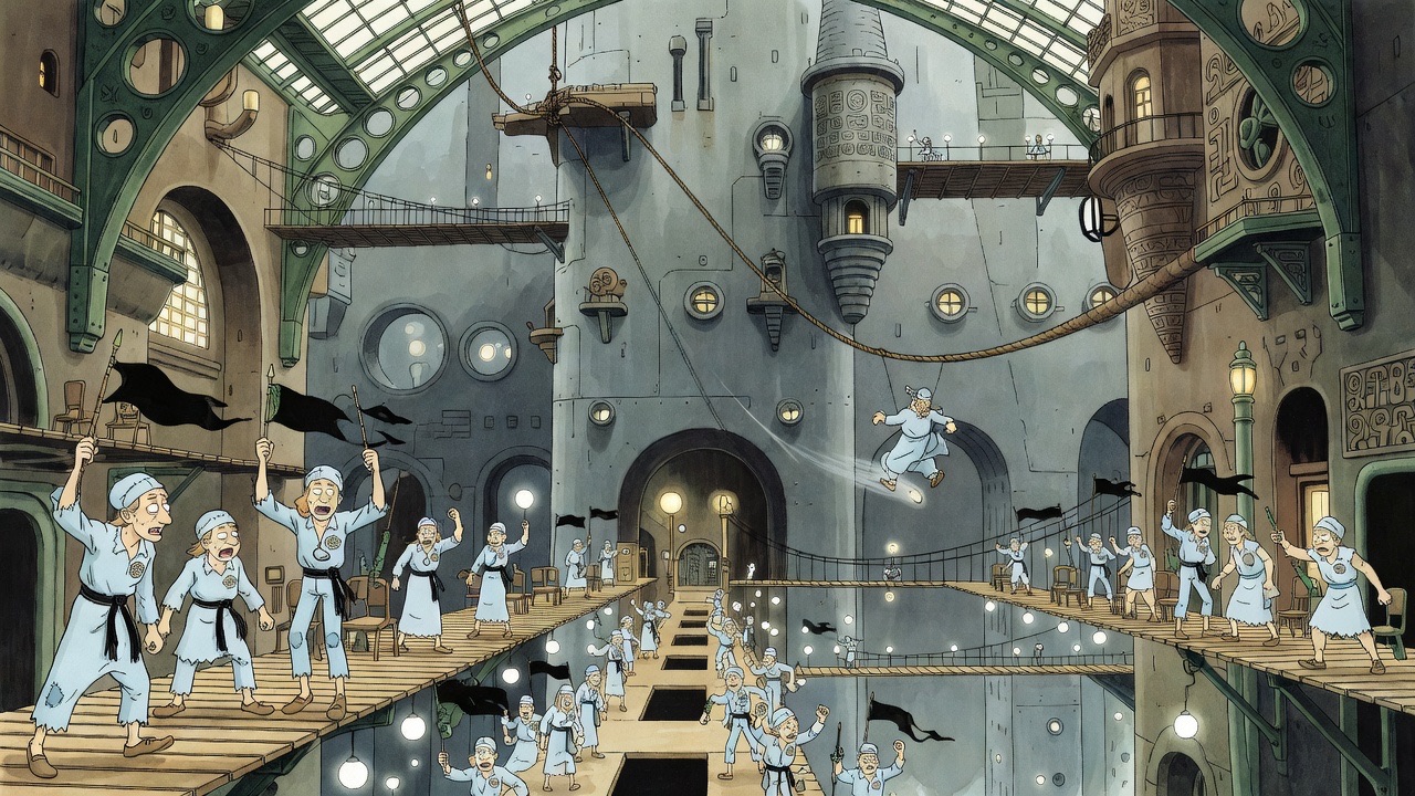 A tiny blue-clad man rushes down a steeply drooping cable across the vast space toward a round opening in the wall.