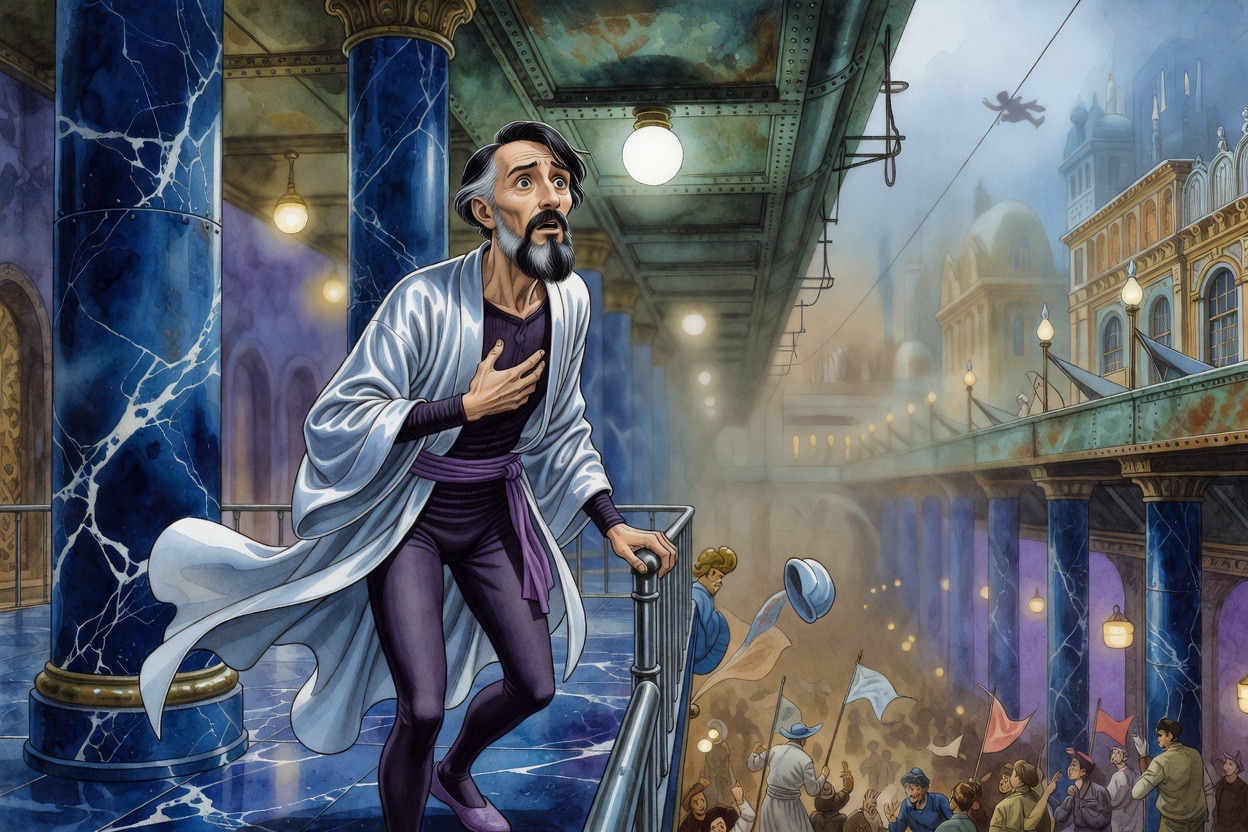Close on a startled bearded man clutching a balcony rail as something swoops past overhead.