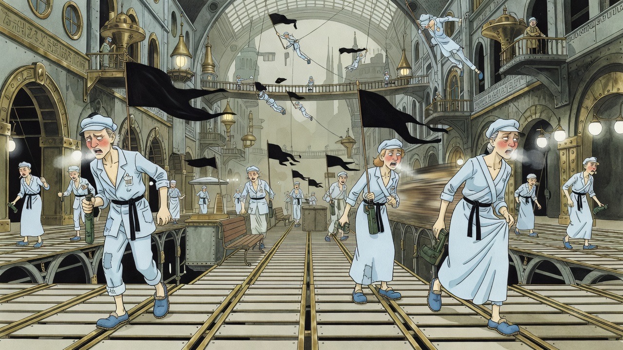 At platform level, people step nimbly from one moving strip of slats to the next, each strip moving at a different speed.