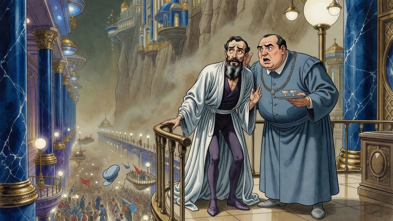A stout man in a slate-blue robe shouts urgently at the ear of the awestruck Sleeper, who does not hear him.