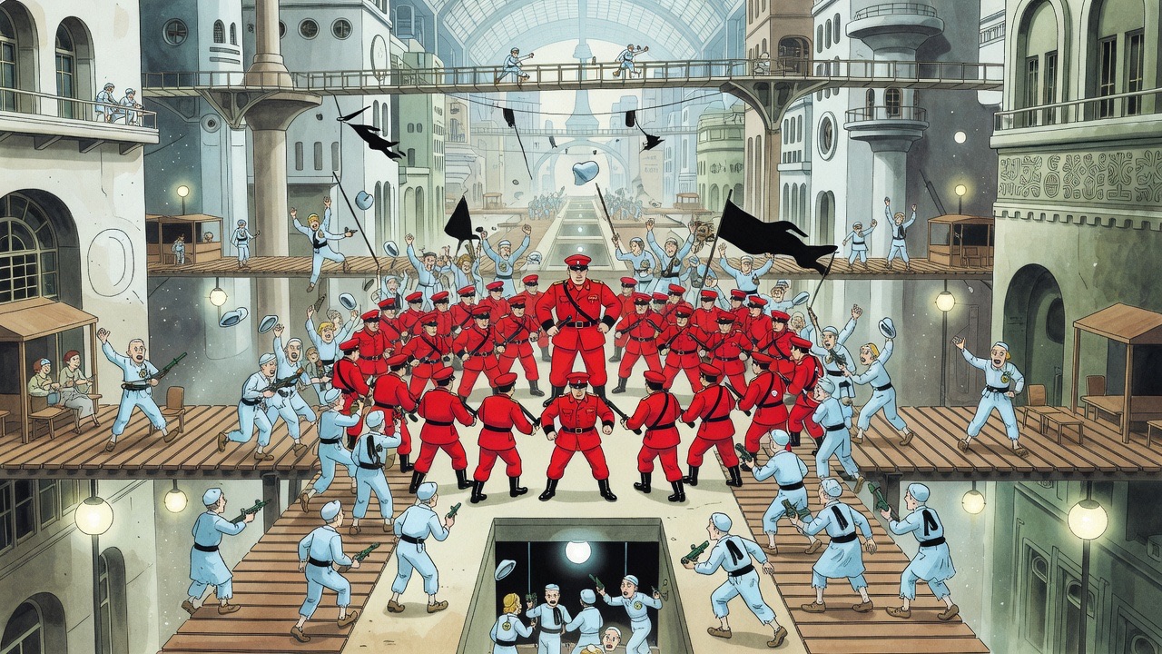Compact men in bright red uniforms hold a descending stairway against a surging crowd in pale blue.