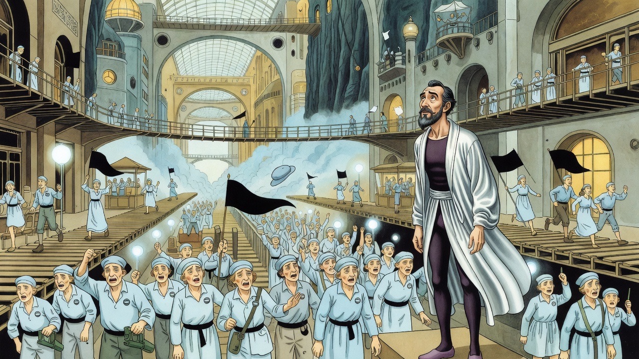 A vast swaying crowd waves garments and shouts toward the balcony, many running against the moving platforms to stay opposite it.