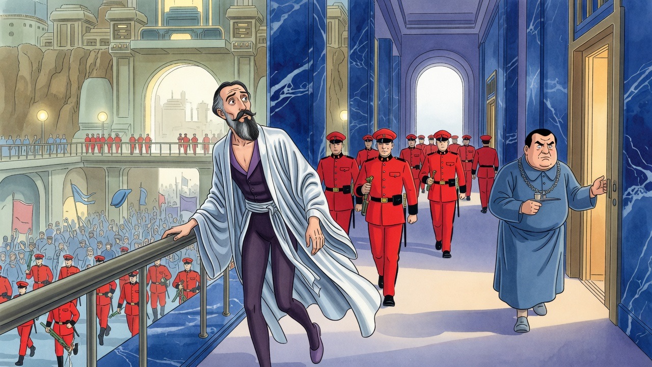 Men in red half lead, half thrust the Sleeper away down a colonnade of deep blue pillars, the shouting city behind.