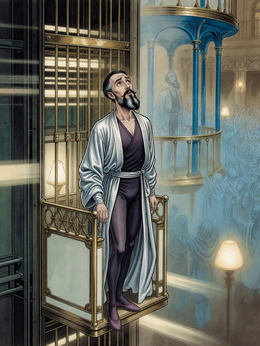 Close on a bearded man in a rising lift, his gaze unfocused, a ghostly memory of a roaring crowd hanging in the haze behind him.