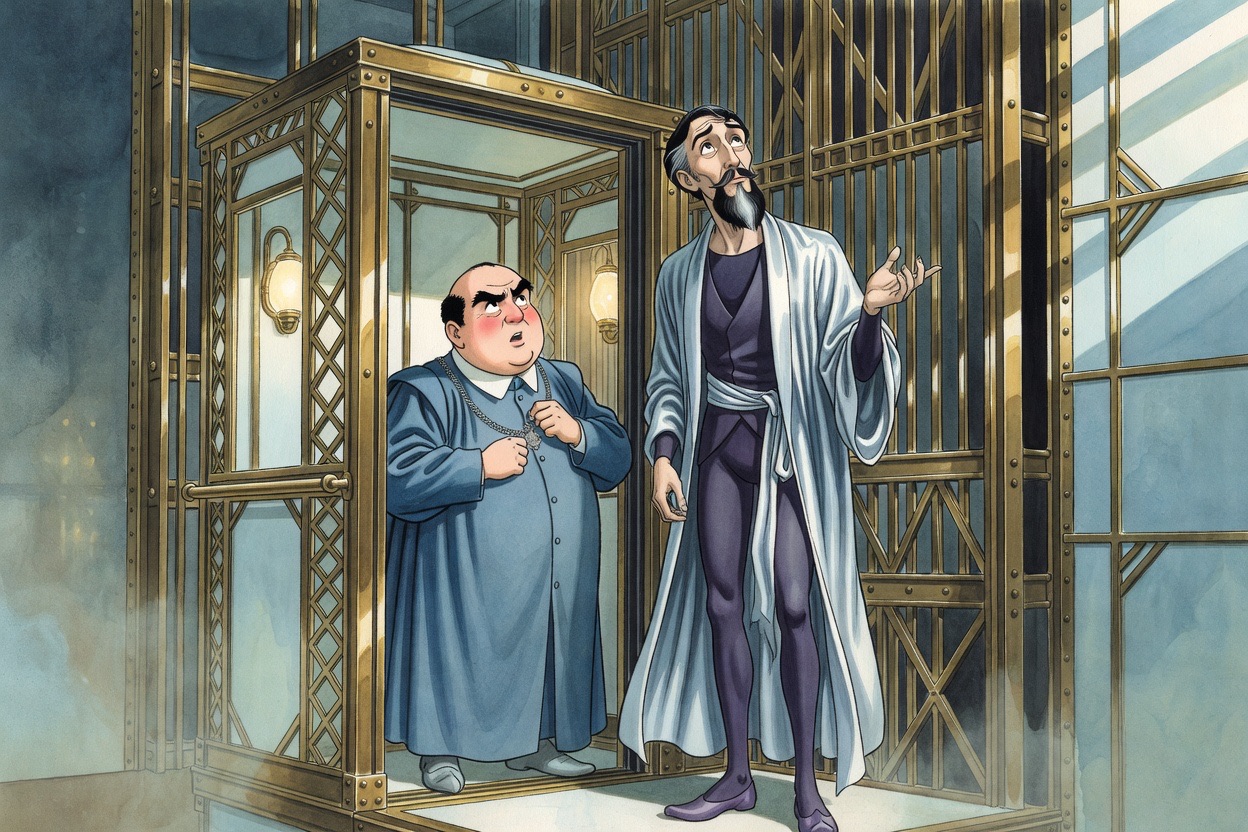 From low in a lift, a stout official glances nervously upward while the bearded man beside him looks puzzled.