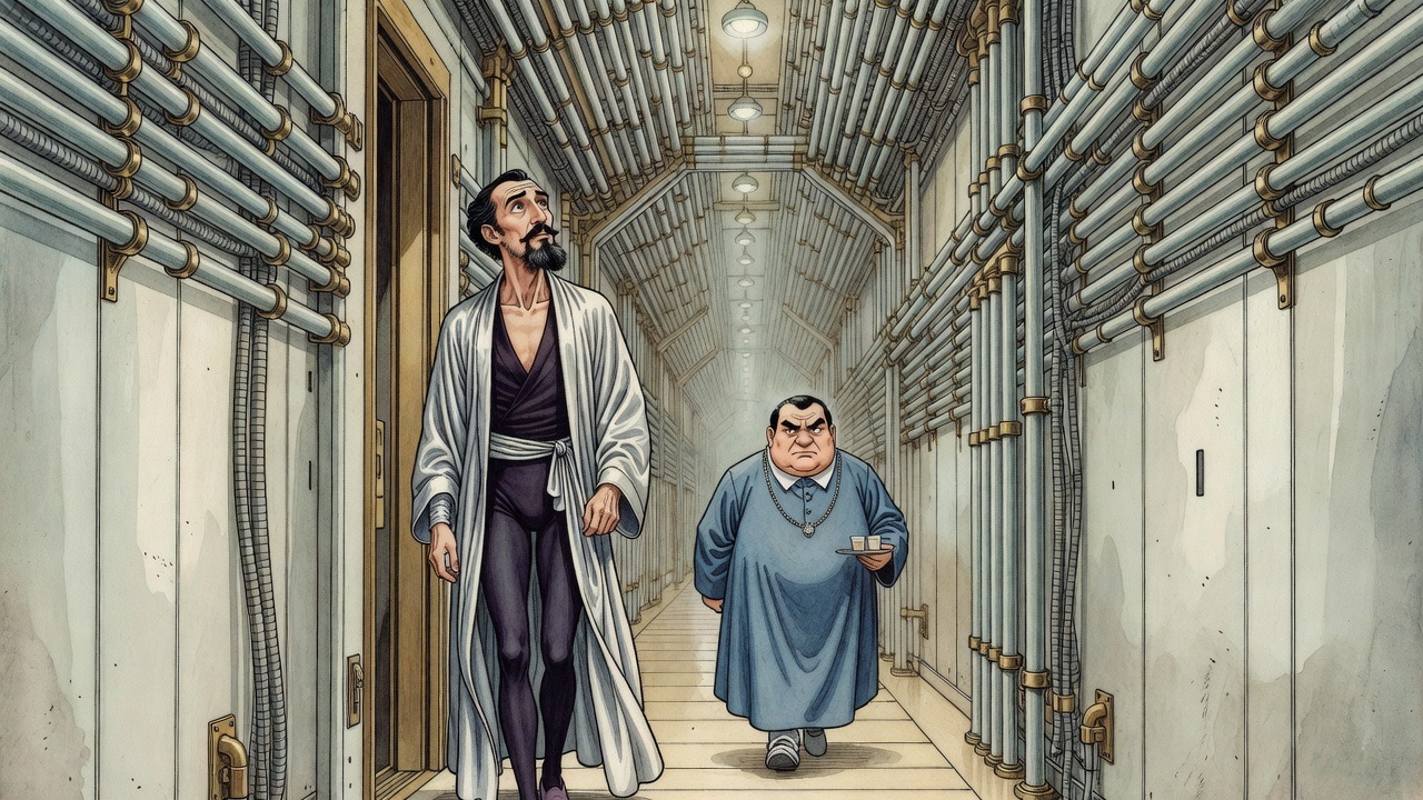 Two small figures walk down an endless narrow passage lined with pipes and cables.