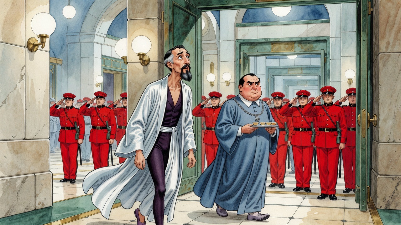 Men in red uniforms stiffen and salute as a stout official and a bearded man in a white robe pass through a hall.