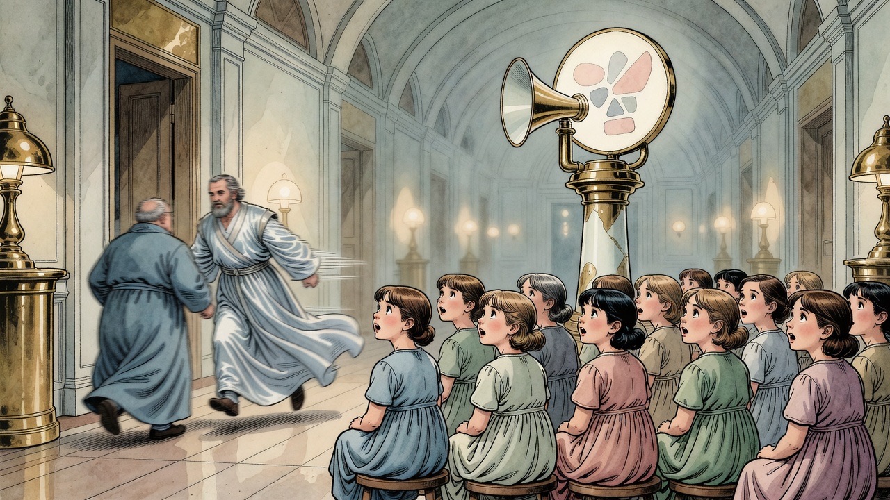 Rows of girls on low seats before a strange apparatus turn to stare at two men hurrying past.