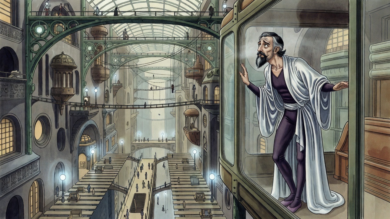 A weary bearded man leans against the glazed window of a lift high above the city street, watching people travel along cables.