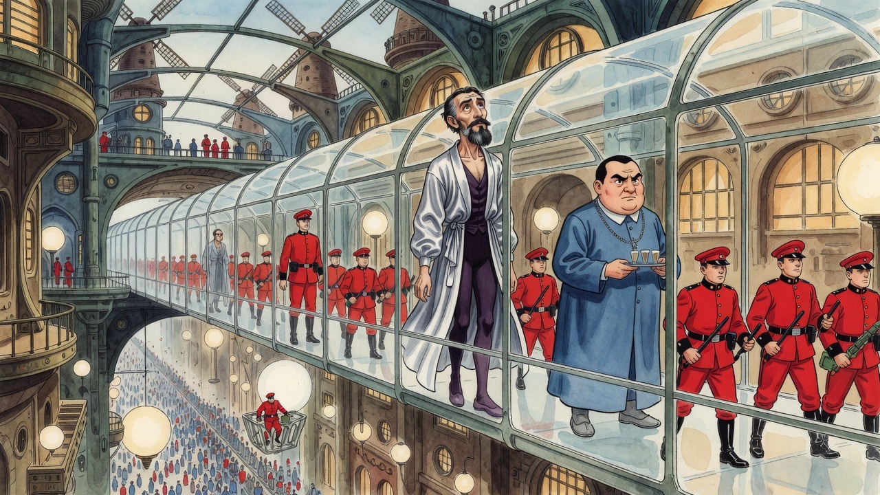 A tiny glass bridge spans a colossal city canyon hundreds of feet above the moving ways.
