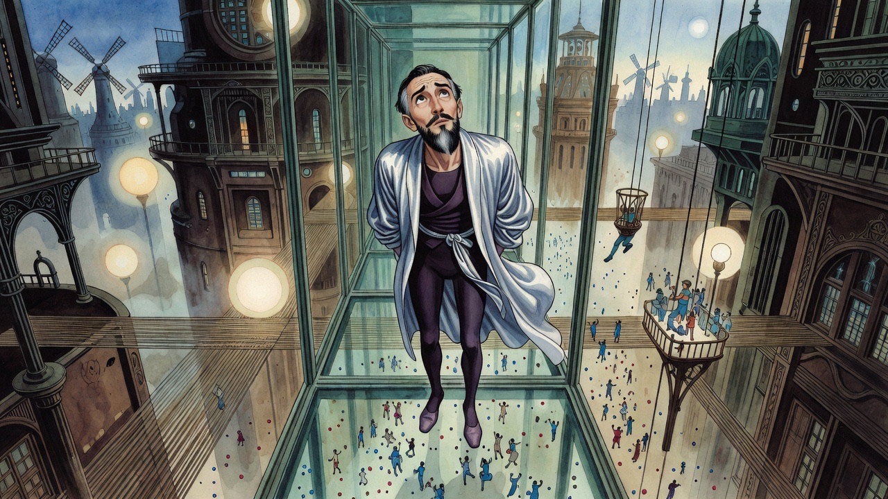 Looking straight down through a glass floor between a man's feet at swarming crowds far below.