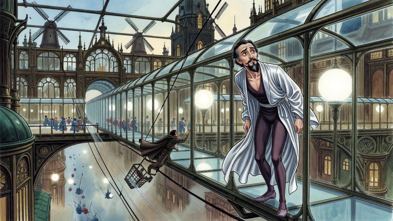 A man in a small openwork cradle rushes down a cable past the glass bridge as the bearded man turns to watch.