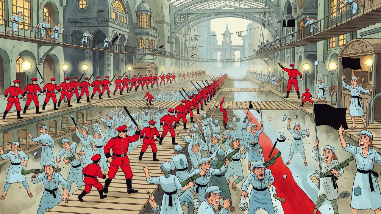 From high above, a wedge of red-uniformed police pours down the moving ways into a dense pale blue crowd, striking with truncheons.